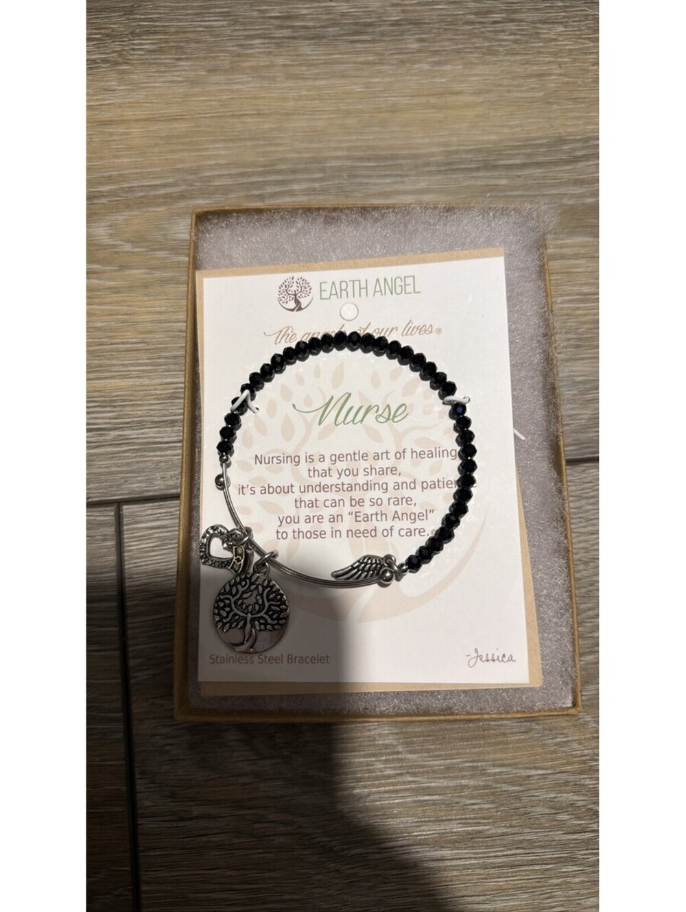 Earth Angel Nurse Stainless Steel Bangle Bracelet Charm Bead Black